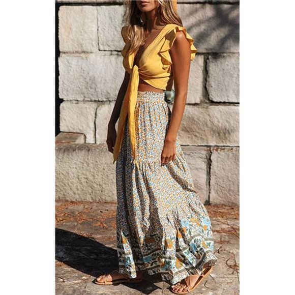Women's Bohemian Floral Printed Elastic Waist A Line Maxi Skirt with Pockets - Picture 4 of 6